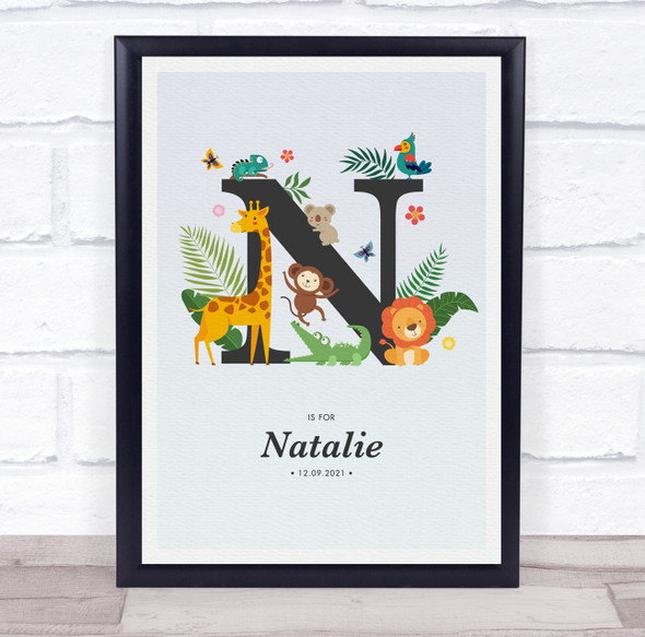 Jungle Animals Initial N Baby Birth Details Nursery Christening Gift Print