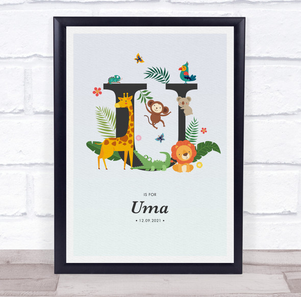 Jungle Animals Initial U Baby Birth Details Nursery Christening Gift Print