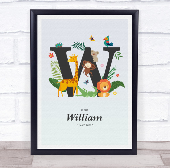 Jungle Animals Initial W Baby Birth Details Nursery Christening Gift Print