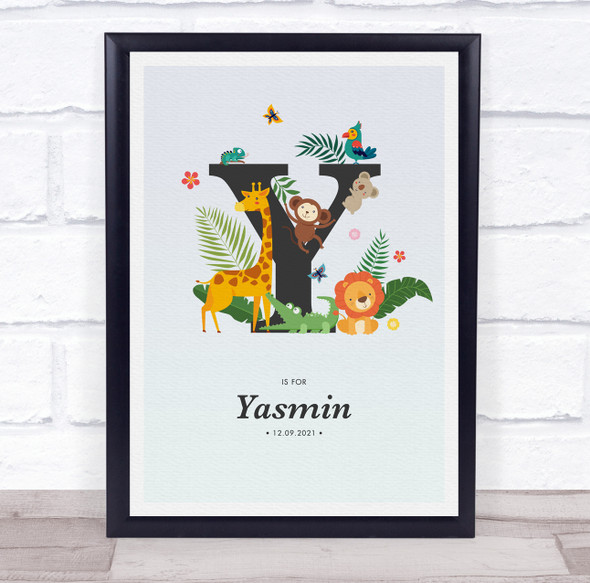 Jungle Animals Initial Y Baby Birth Details Nursery Christening Gift Print