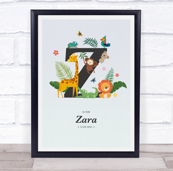 Jungle Animals Initial Z Baby Birth Details Nursery Christening Gift Print