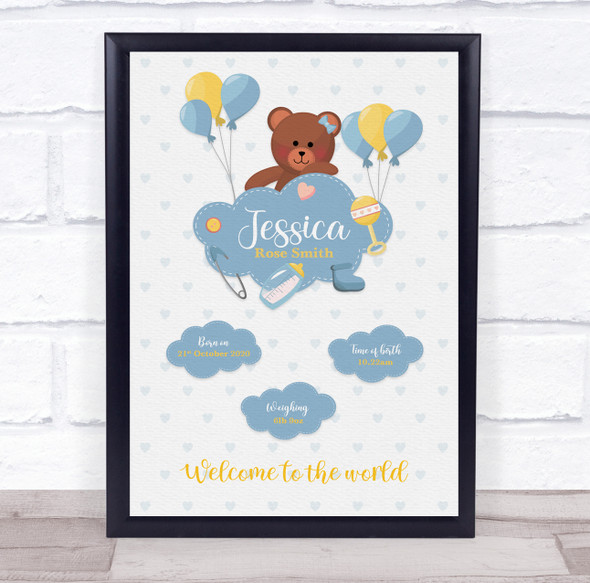 New Baby Birth Details Christening Nursery Bear Cloud Balloons Gift Print