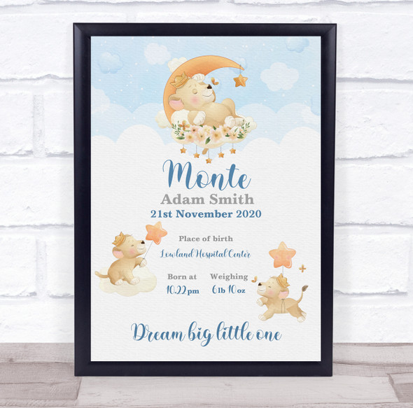 New Baby Birth Details Christening Nursery Baby Lions Keepsake Gift Print