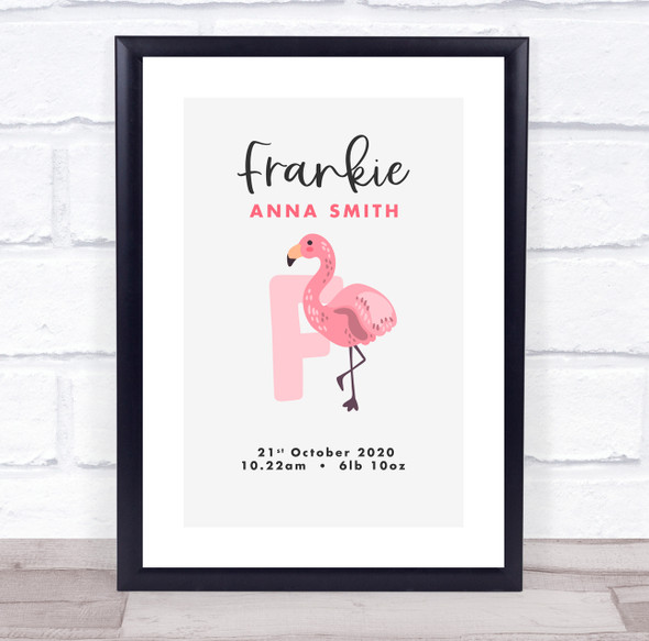 New Baby Birth Details Christening Nursery Initial F Flamingo Gift Print