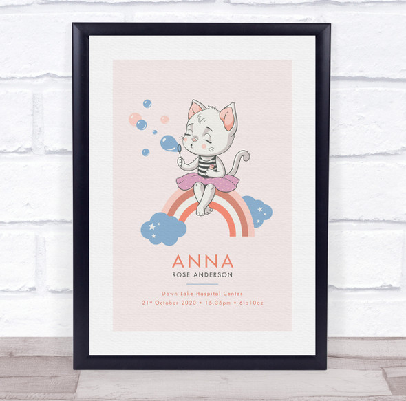 New Baby Birth Details Christening Nursery Kitten Cat Rainbow Gift Print