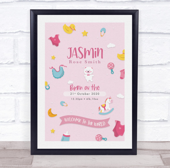 New Baby Birth Details Christening Nursery Toys Pink Keepsake Gift Print