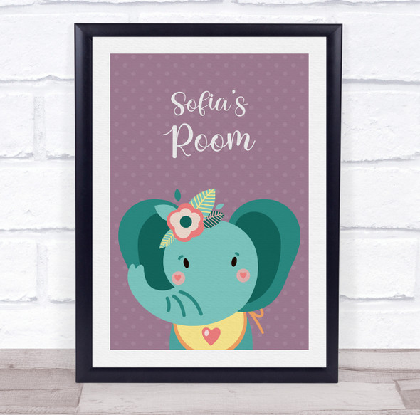 Elephant With Flowers Purple Room Personalised Children's Wall Art Print