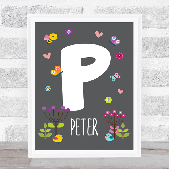 Grey Floral Butterfly Bird Initial P Personalised Children's Wall Art Print