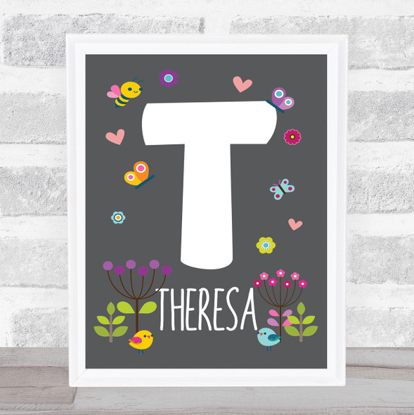 Grey Floral Butterfly Bird Initial T Personalised Children's Wall Art Print