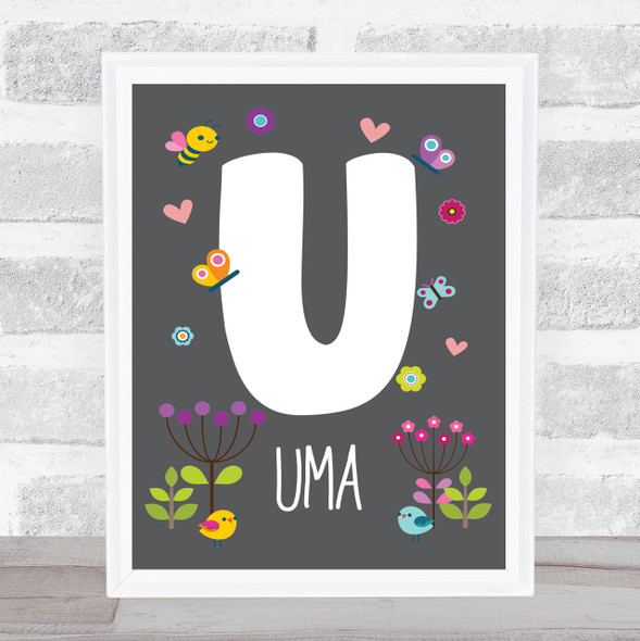 Grey Floral Butterfly Bird Initial U Personalised Children's Wall Art Print