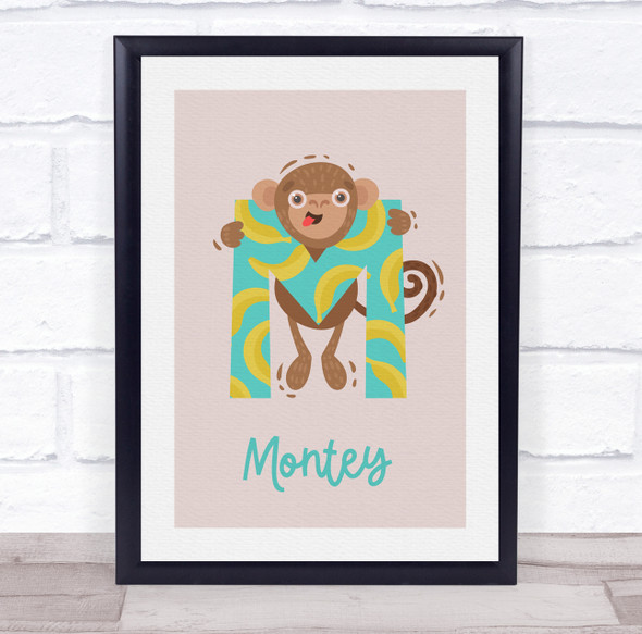 Initial Funky Letter M With Monkey Personalised Children's Wall Art Print