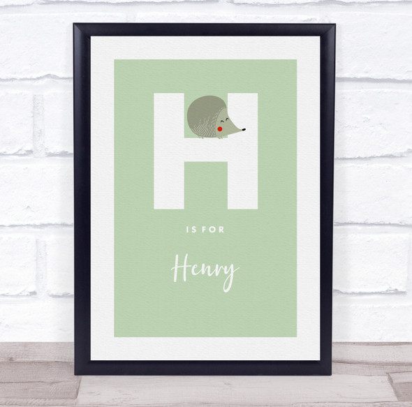 Initial Letter H With Hedgehog Personalised Children's Wall Art Print