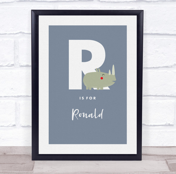 Initial Letter R With Rhino Personalised Children's Wall Art Print