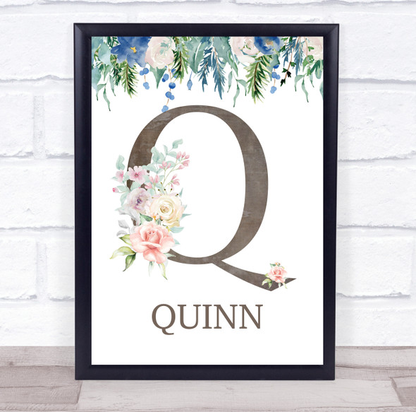 Floral Any Name Initial Q Personalised Children's Wall Art Print