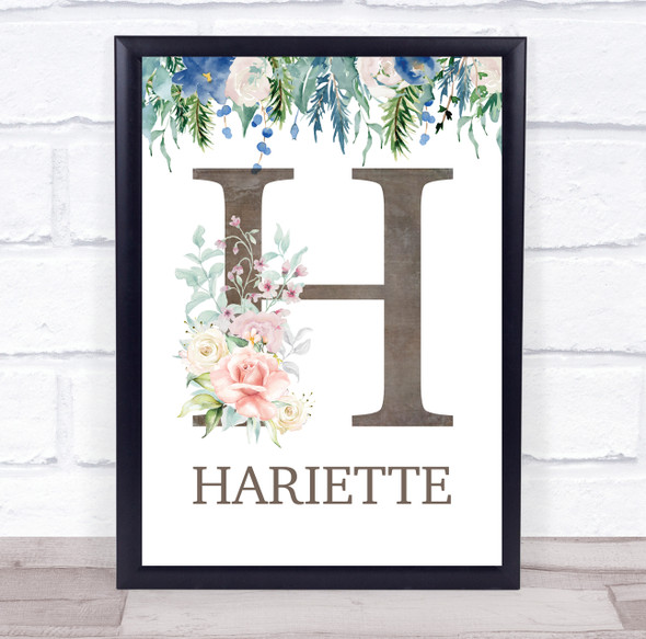 Floral Any Name Initial H Personalised Children's Wall Art Print