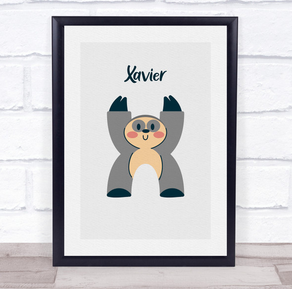 Sloth Initial Letter X Personalised Children's Wall Art Print