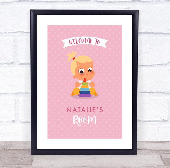 Baby Girl Blond Hair Playing Toy Room Personalised Children's Wall Art Print