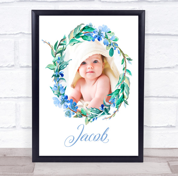 Watercolour Blue Floral Photo Name Personalised Children's Wall Art Print