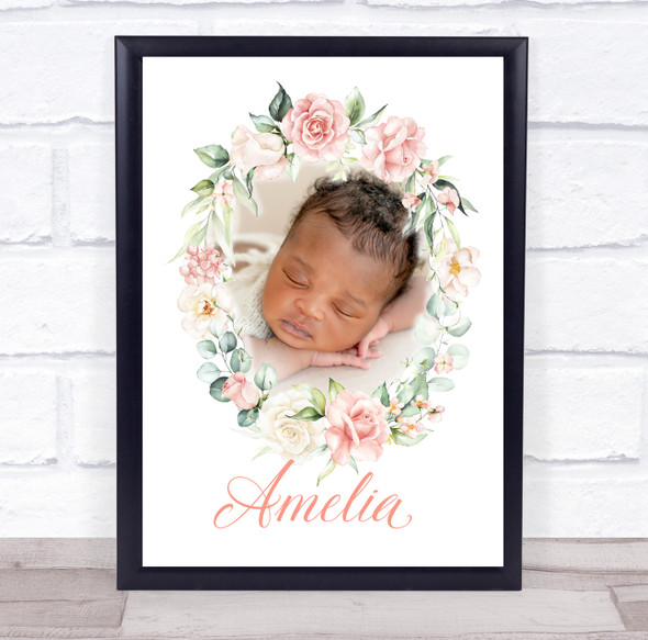 Watercolour Pink Floral Photo Name Personalised Children's Wall Art Print