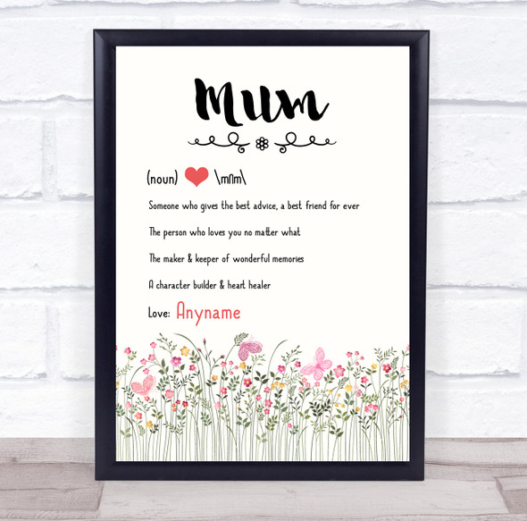Mum Dictionary Definition Spring Flowers Personalised Gift Art Print