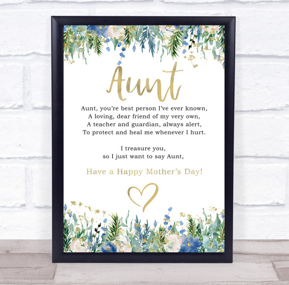 Blue Floral & Gold Mothers Day Poem Aunt Personalised Gift Art Print