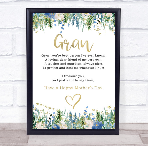 Blue Floral & Gold Mothers Day Poem Gran Personalised Gift Art Print
