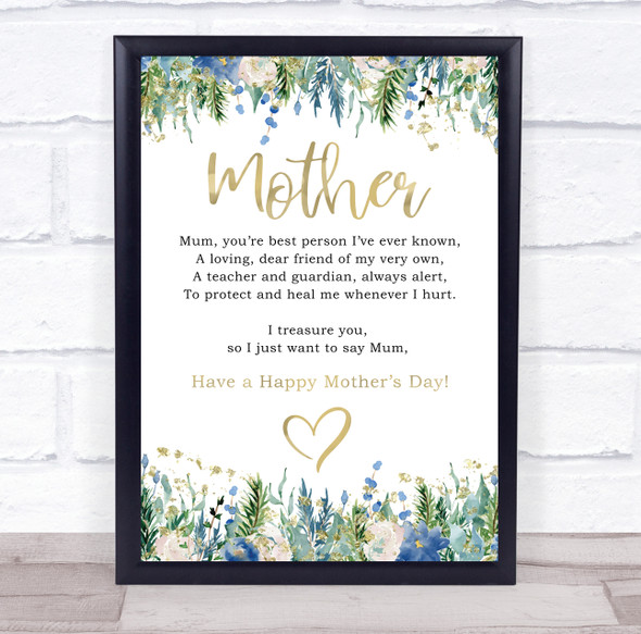 Blue Floral & Gold Mothers Day Poem Mum Personalised Gift Art Print