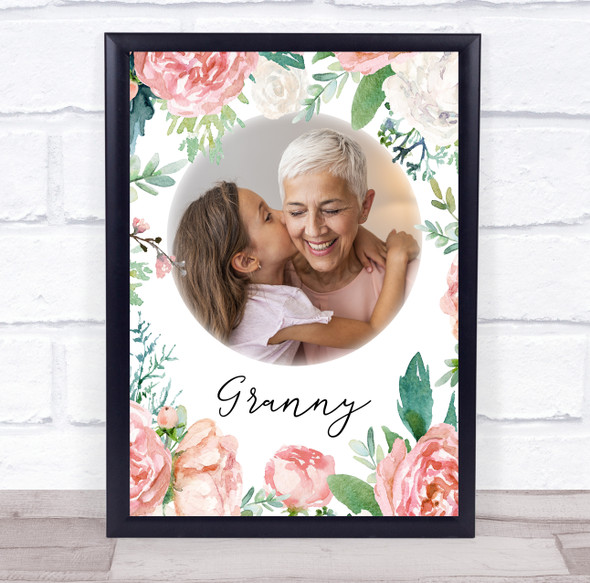 Watercolour Pink Floral Photo Heart Granny Gran Personalised Gift Art Print