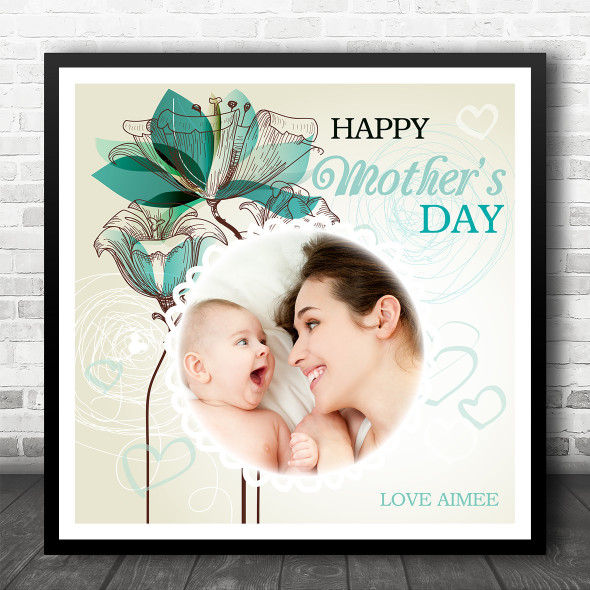 Mothers Day Abstract Teal Floral Photo Square Personalised Gift Art Print