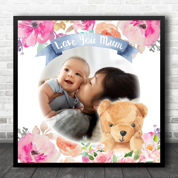 Mother's Day Watercolour Floral Teddy Photo Mum Square Personalised Gift Print