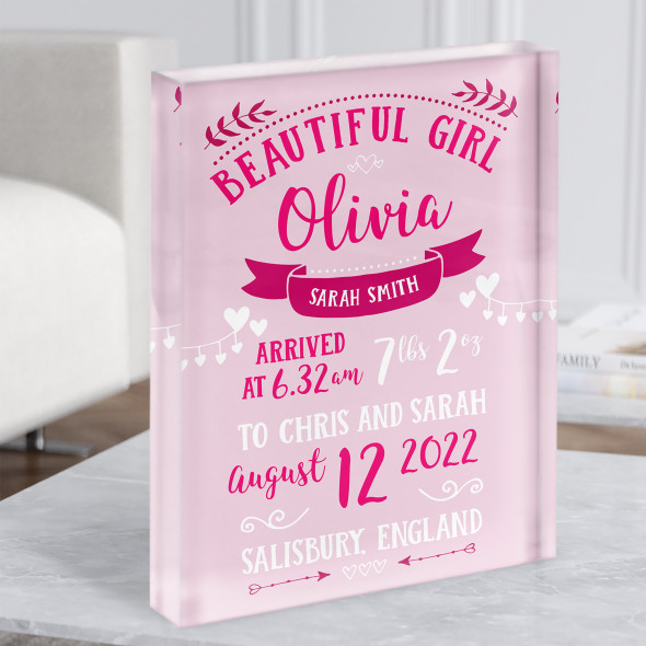 New Baby Birth New-born Nursery Christening Pink Typographic Acrylic Block