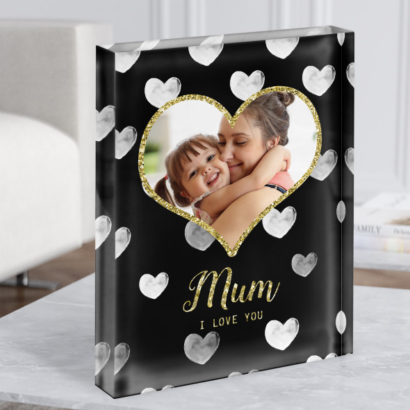 Black & White Hearts Photo Heart Love You Mum Personalised Acrylic Block