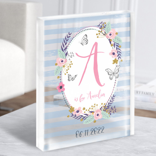 Any Initials Birthday Date Name Blue Floral Butterflies Acrylic Block