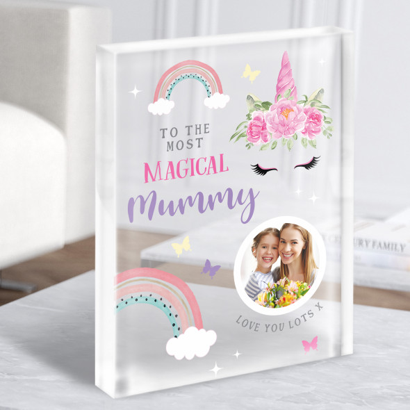 Magical Mummy Rainbow Unicorn Pink Photo Personalised Acrylic Block