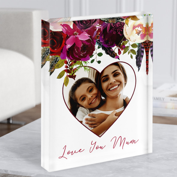 Purple Floral Heart Photo Love You Mum Personalised Acrylic Block