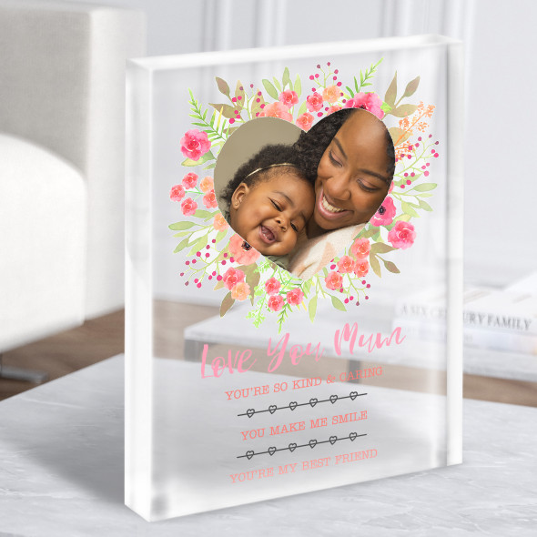 Heart Floral Photo Mother's Day Personalised Acrylic Block