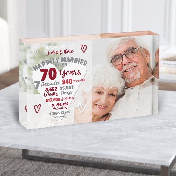 70 Years 70th Anniversary Wedding Heart Photo Personalised Gift Acrylic Block