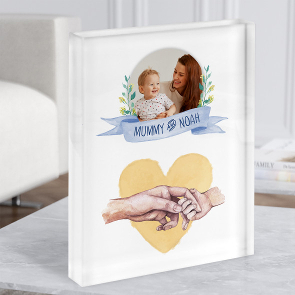 Mummy And Child Holding Hands Baby Toddler Photo Blue Yellow Gift Acrylic Block