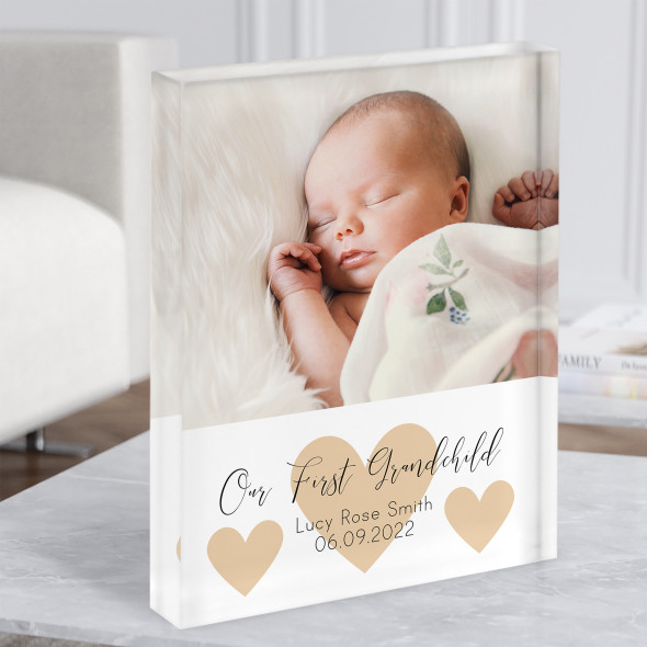 Our First Grandchild Photo Heart Yellow Grandparents New Baby Gift Acrylic Block