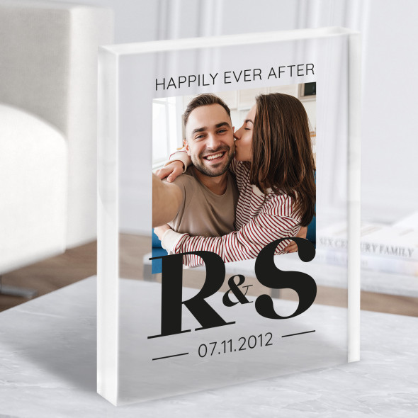 Happily Ever After Wedding Couple Photo Initials Personalised Gift Acrylic Block