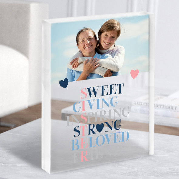 Sister Love Birthday Description Photo Blue Personalised Gift Acrylic Block