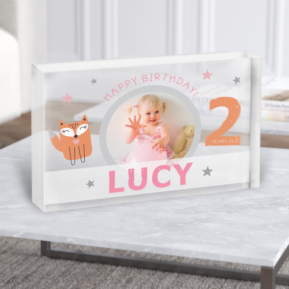 2nd Birthday Girl Cute Fox Photo Personalised Gift Acrylic Block