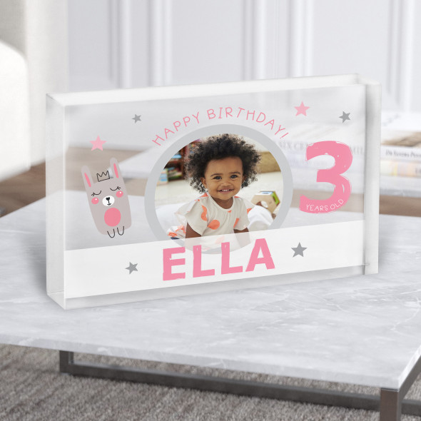 3rd Birthday Girl Pink Cute Bunny Photo Personalised Gift Acrylic Block