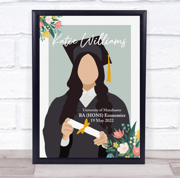 Dark Hair Graduation Girl With Diploma Personalised Wall Art Gift Print