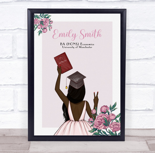 Pink Flowers Dark Skin Graduate Girl Graduation Congratulations Gift Print