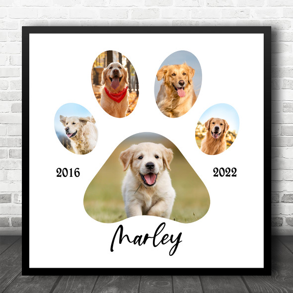 Pet Paw Memorial Dog 5 Photos White Square Personalised Wall Art Gift Print