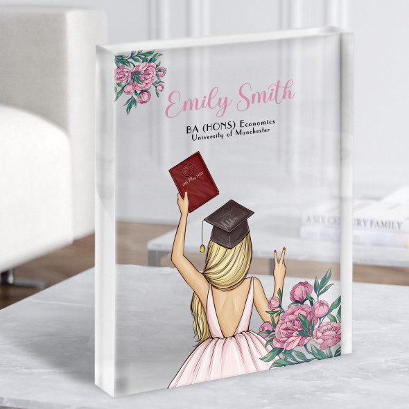 Pink Flowers Blonde Girl Graduate Girl Graduation Congratulations Acrylic Block