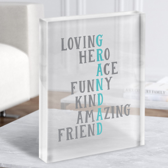 Grandad Description Words Text Typographic Grey Blue Gift Acrylic Block