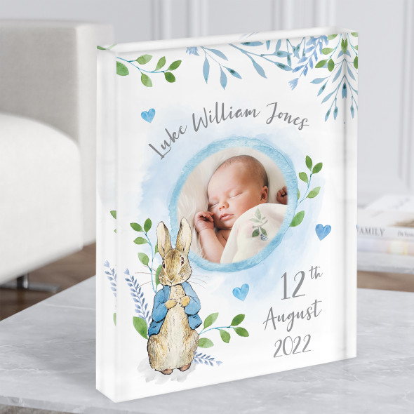 New Baby Details Nursery Christening Peter Rabbit Boy Date Photo Acrylic Block