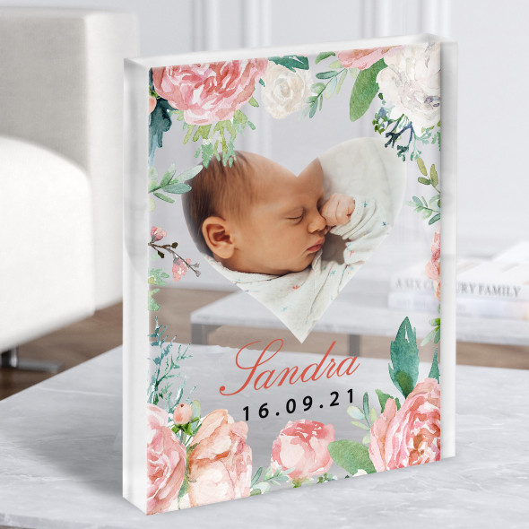 Birth Details Nursery Christening New Baby Floral Pink Rose Photo Acrylic Block